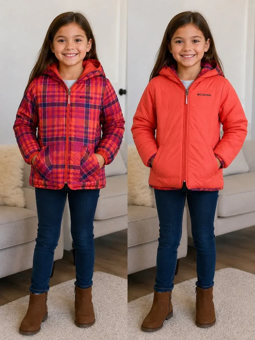 Columbia Girls Reversible Hooded Puffer Jacket Red Plaid Girl’s Large 14/16 Coat